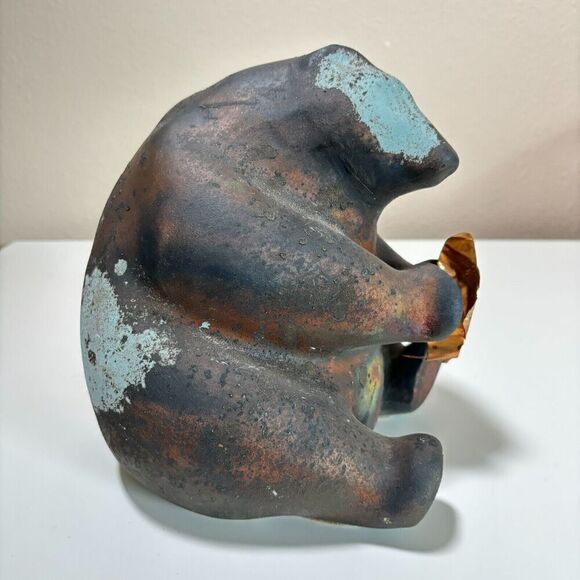 VTG Tony Evans Raku Pottery Sculpture Bear with Copper Fish Metal w Patina Vibe - Picture 2 of 9